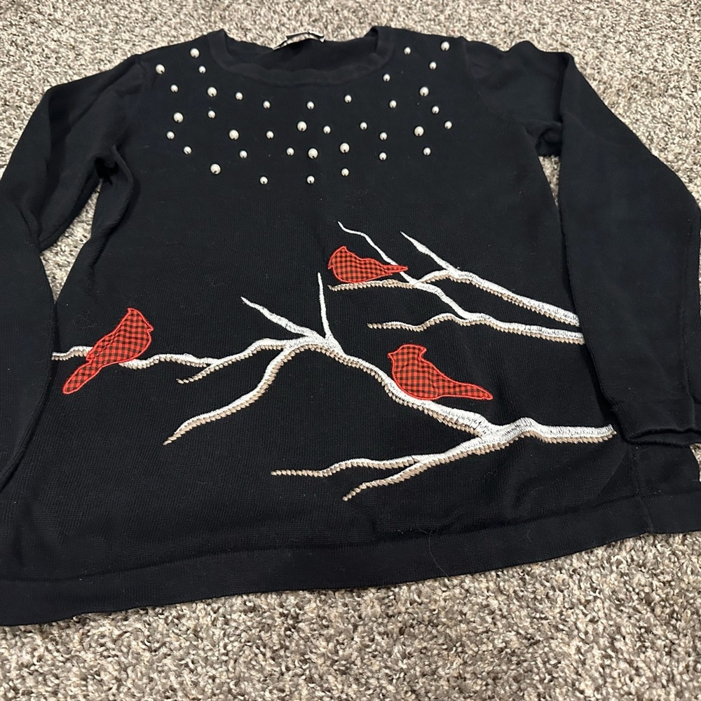 Christopher & Banks Black Sweater with Red Bird and Pearl Design size small